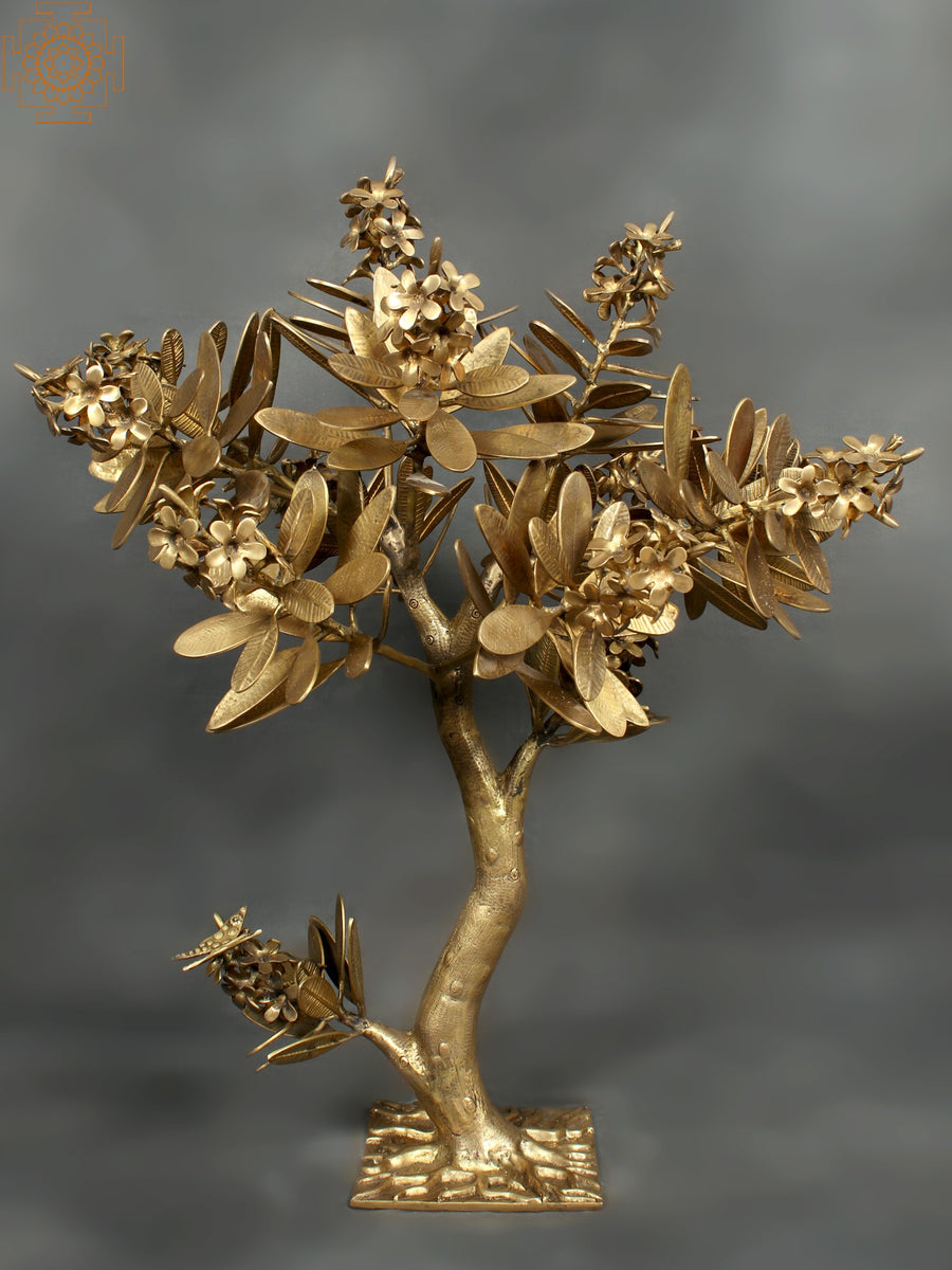 32" Large Brass Flower Tree With Butterflies Sculpture
