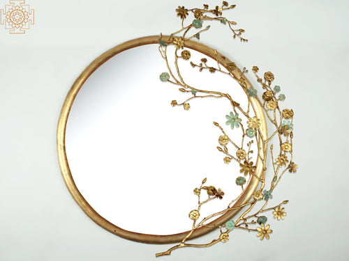 44" Brass Designer Mirror with Flowers and Buds for Home Decor