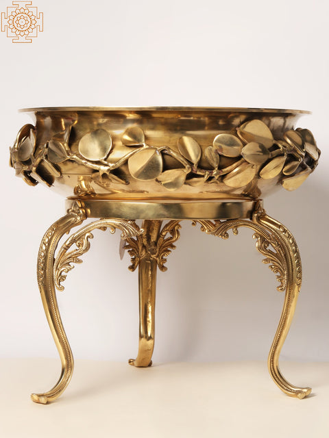 Designer Leaf Pattern Brass Urli on Chowki