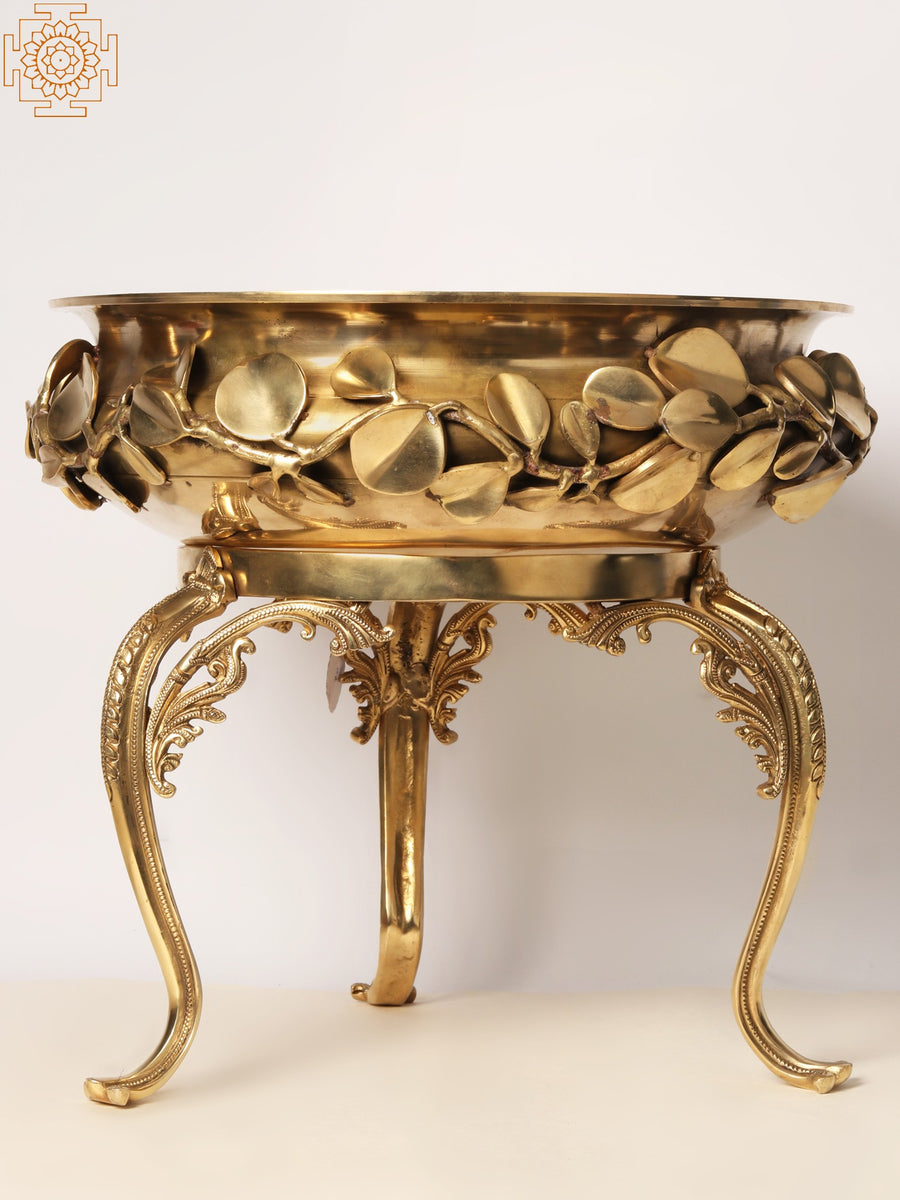 Designer Leaf Pattern Brass Urli with Chowki Stand