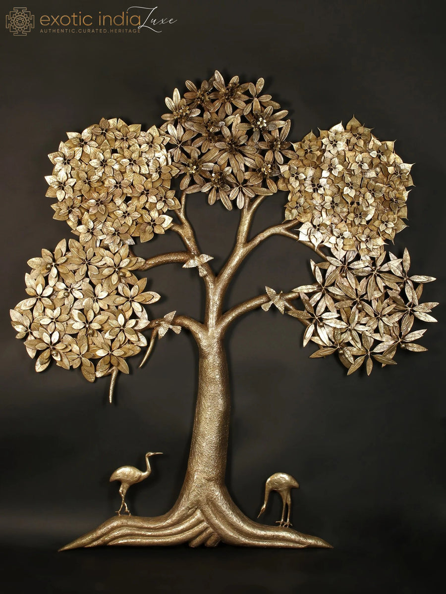 74" Large Brass Tree of Life Wall Sculpture with Five Leaf Design