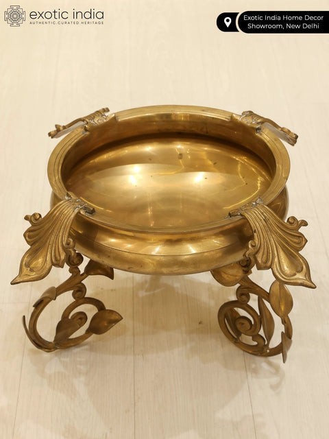 19" Superfine Brass Urli with Leaves Design Stand
