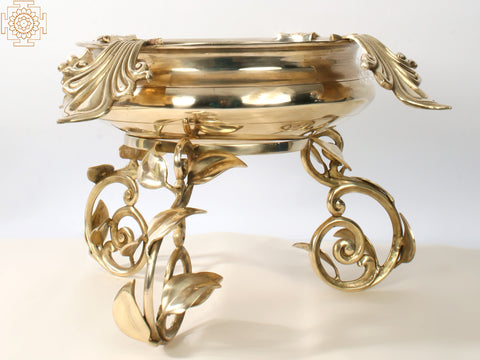 19" Superfine Brass Urli with Leaves Design Stand