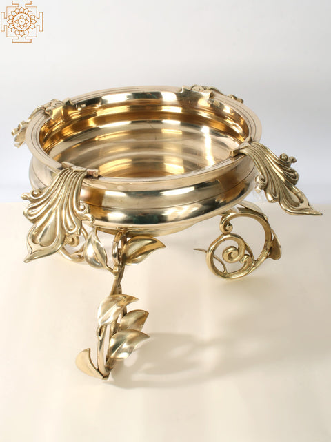 19" Superfine Brass Urli with Leaves Design Stand