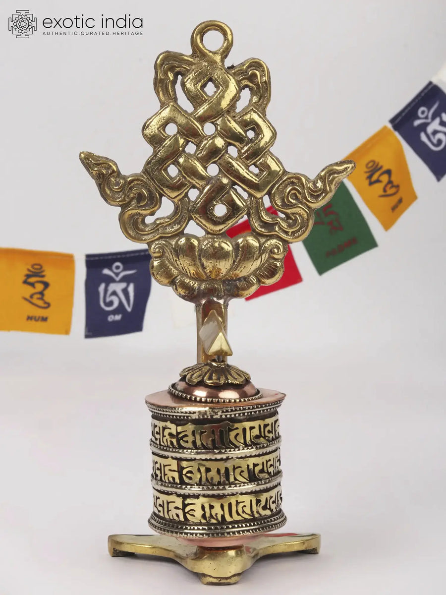 6" Buddhist Prayer Wheel Wall Hanging with Ashtamangala Knot Brass
