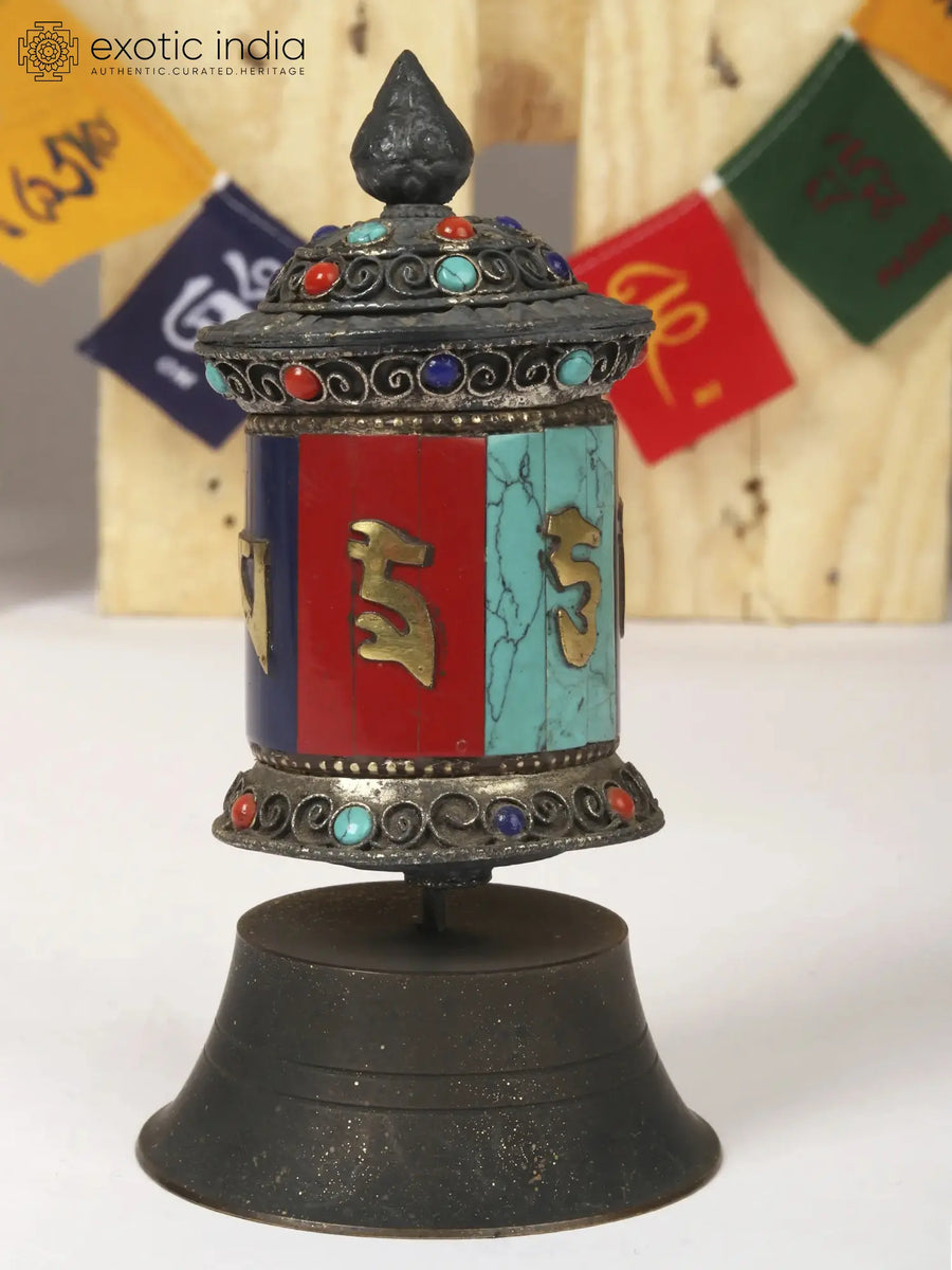 4" Small Tibetan Buddhist Prayer Wheel Brass Statue with Stone Work