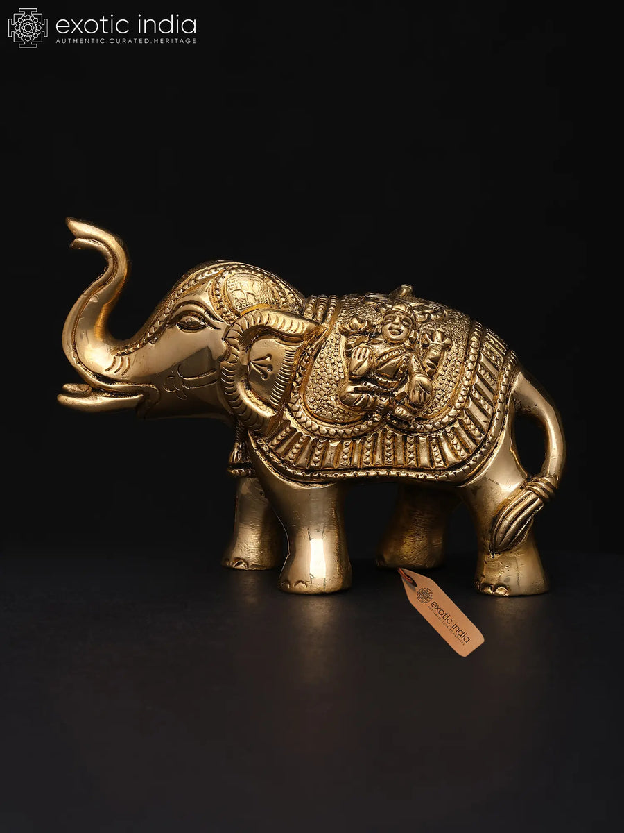 4" Brass Elephant Statue with Lakshmi Ganesha Engraving