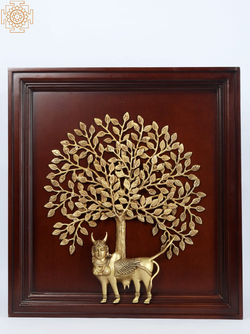 25" Kamadhenu Cow Under Kalpavriksha Tree Brass Wall Hanging