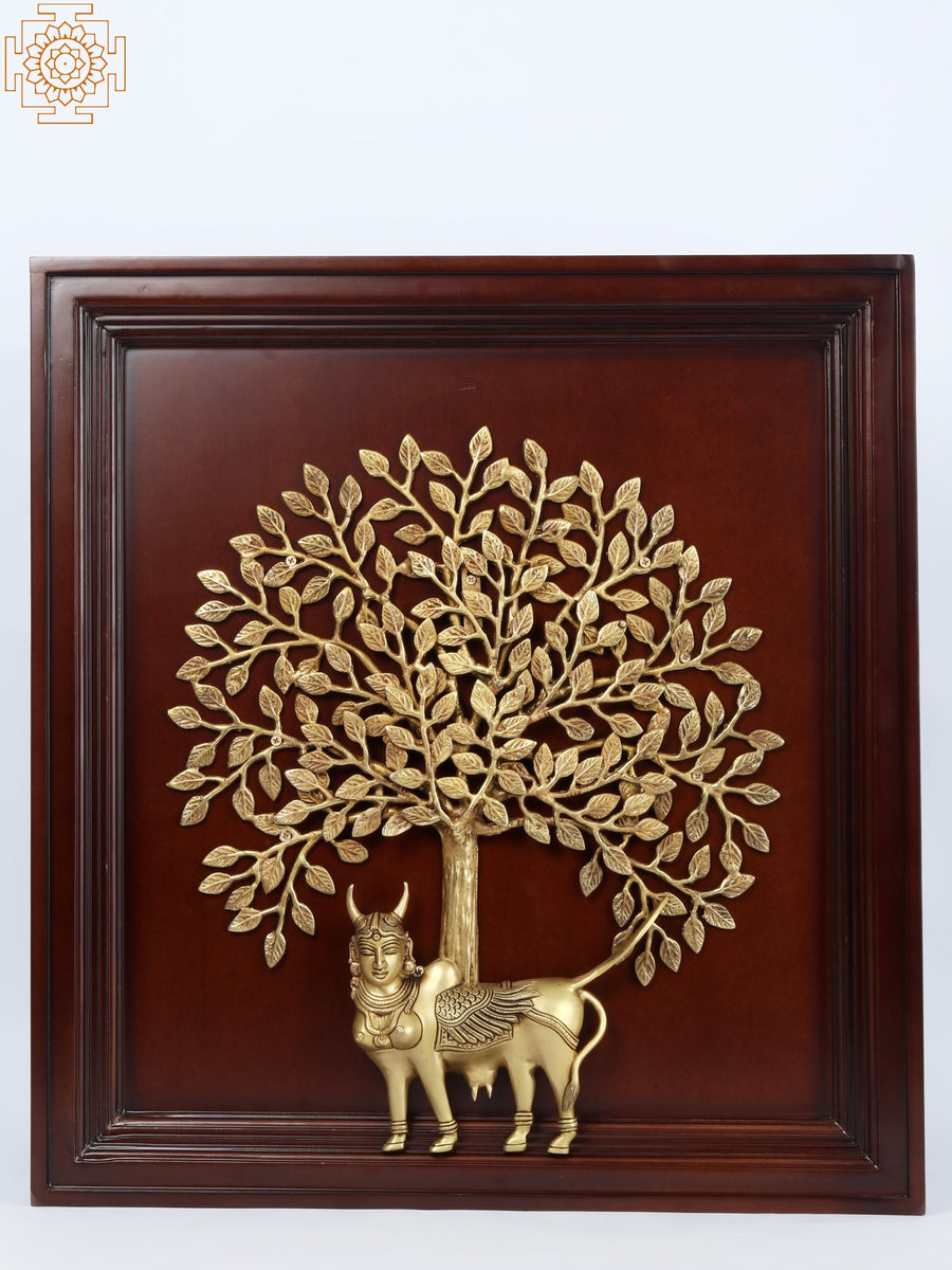 25" Kamadhenu Cow Under Kalpavriksha Tree Brass Wall Hanging