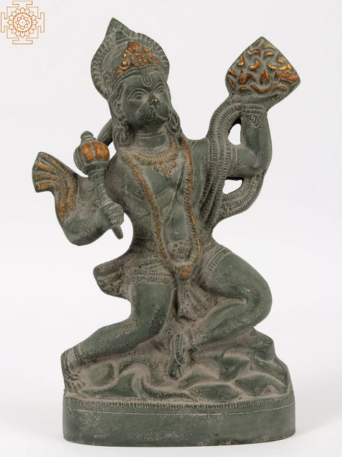 9" Hanuman Carrying Sanjeevani Brass Statue with Green Patina