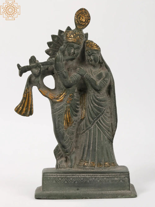 9" Radha Krishna Brass Statue with Green Patina Finish