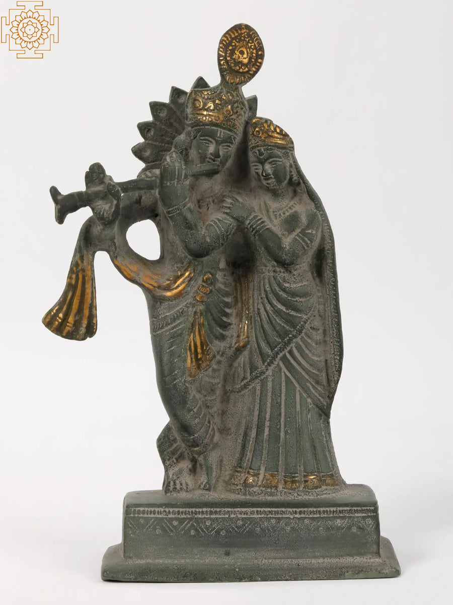 9" Radha Krishna Brass Statue with Green Patina Finish