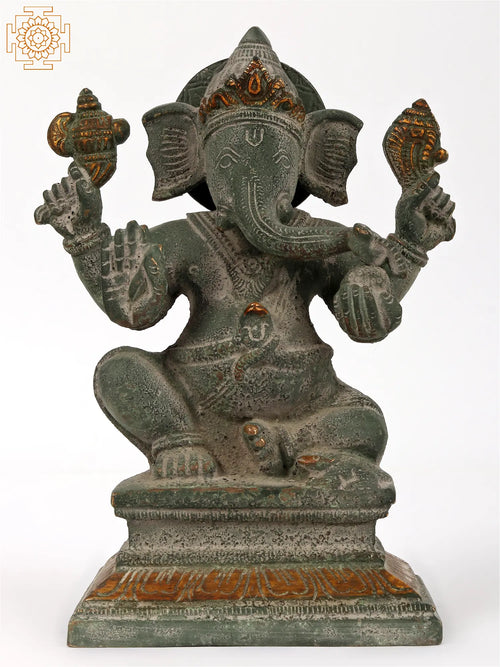 6" Seated Ganesh Brass Statue with Green Patina