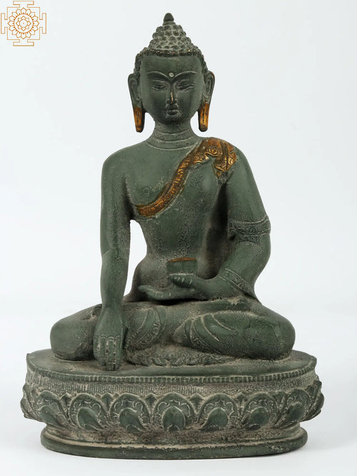9" Buddha Bhumisparsha Mudra Brass Statue with Green Patina