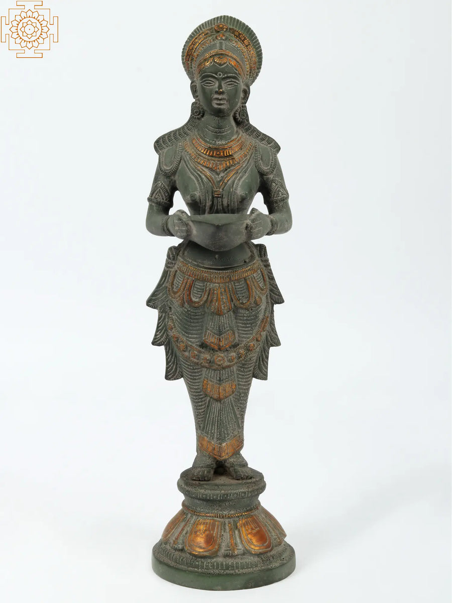 14" Deep Lakshmi Brass Statue with Green Patina Finish