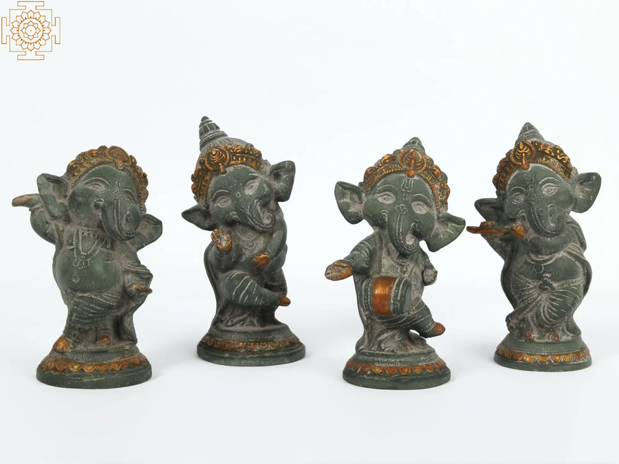 6" Musical Baal Ganesha Brass Statue Set of 4 Green Patina