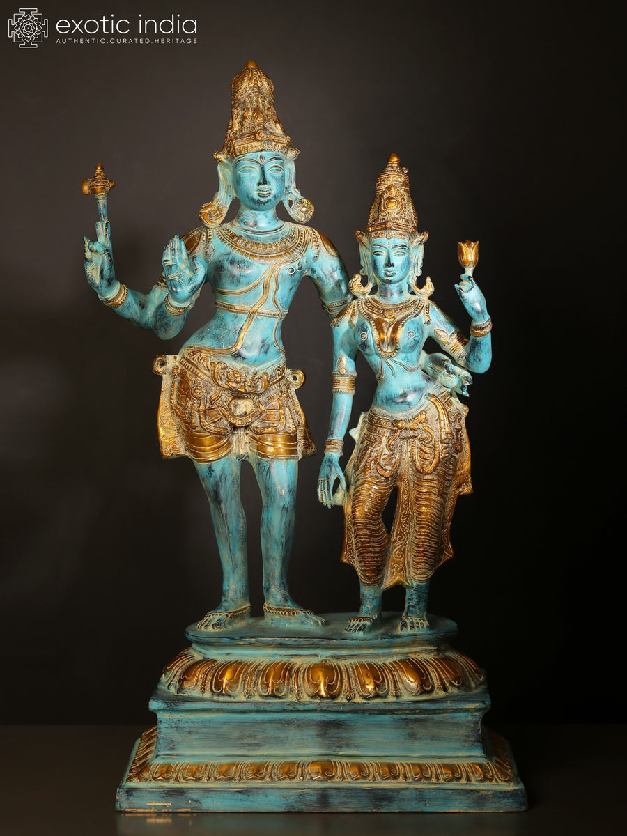 36" Standing Shiva Parvati Brass Statue with Blue Gold Finish