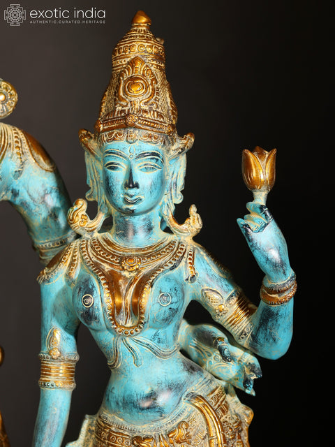 36" Large Blue and Gold Color Standing Shiva - Parvati in Brass