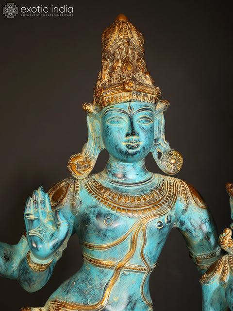 36" Large Blue and Gold Color Standing Shiva - Parvati in Brass
