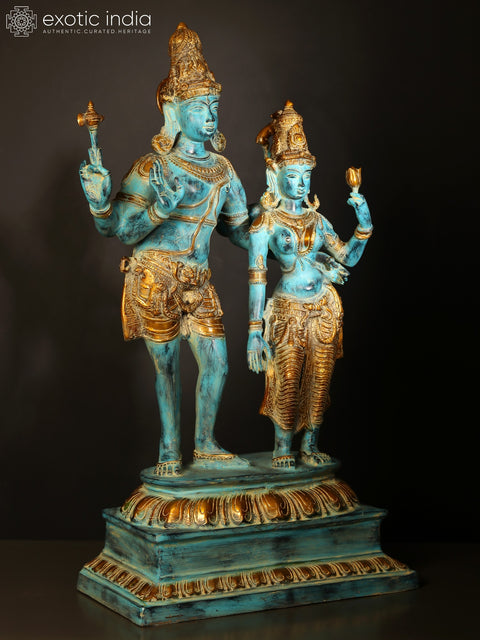 36" Large Blue and Gold Color Standing Shiva - Parvati in Brass