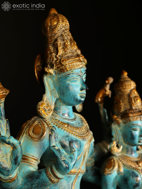 36" Large Blue and Gold Color Standing Shiva - Parvati in Brass
