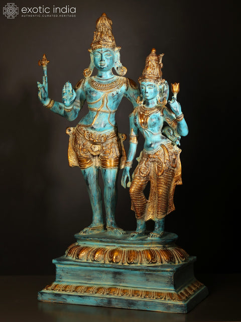 36" Large Blue and Gold Color Standing Shiva - Parvati in Brass