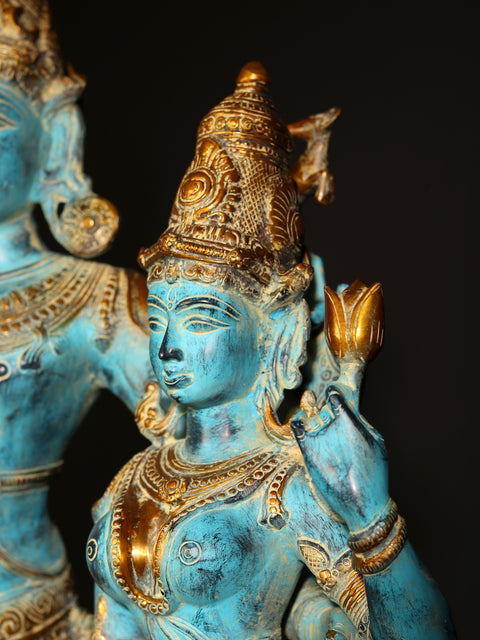 36" Large Blue and Gold Color Standing Shiva - Parvati in Brass