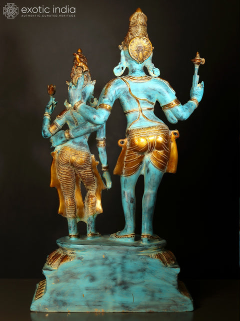 36" Large Blue and Gold Color Standing Shiva - Parvati in Brass