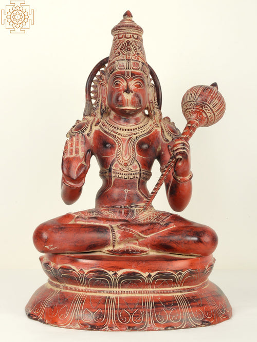 Brass Sitting Hanuman Idol in Blessing Gesture for Pooja