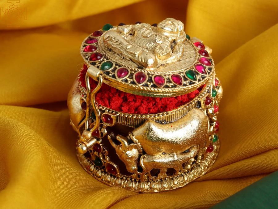 Brass Goddess Lakshmi and Cow Calf Sindoor Box