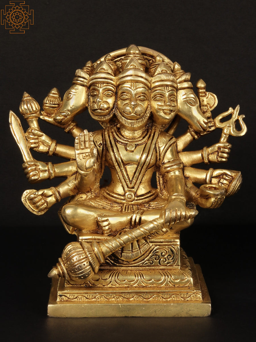 Seated Lord Panchamukhi Hanuman Brass Statue in Ashirwad Mudra