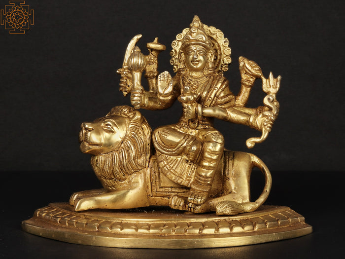 6" Eight-Handed Durga on Lion Brass Statue