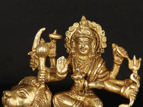 6'' Eight-Handed Durga Seated On Lion | Brass