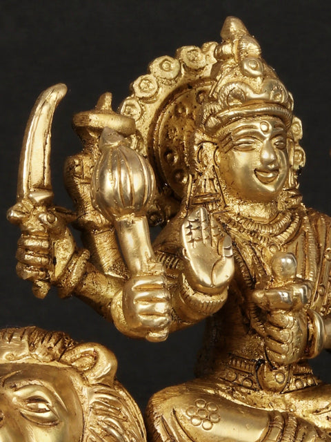 6'' Eight-Handed Durga Seated On Lion | Brass