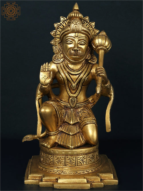 10" Blessing Lord Hanuman Brass Statue with Mace
