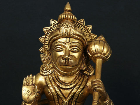 10'' Blessing Lord Hanuman Statue with Mace | Brass Sculpture