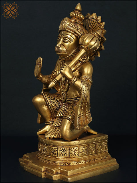 10'' Blessing Lord Hanuman Statue with Mace | Brass Sculpture