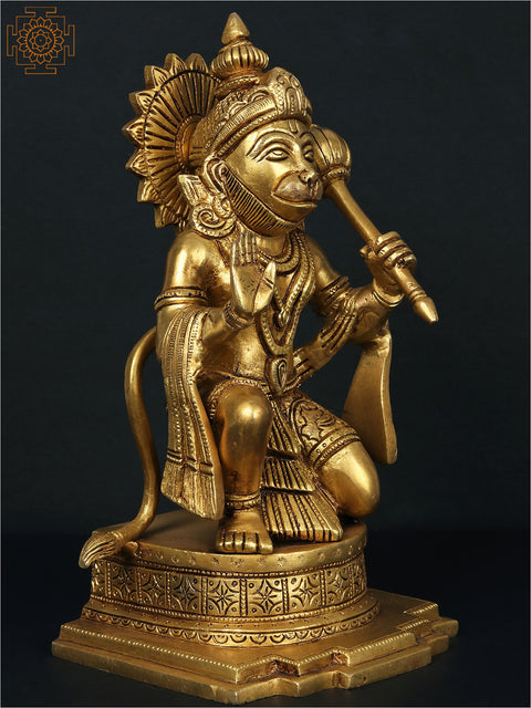 10'' Blessing Lord Hanuman Statue with Mace | Brass Sculpture