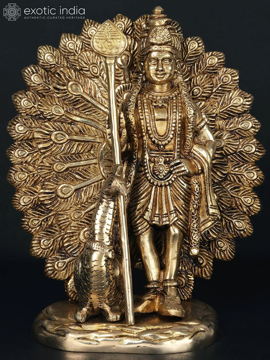 9" Standing Lord Subramanya Brass Statue With Peacock