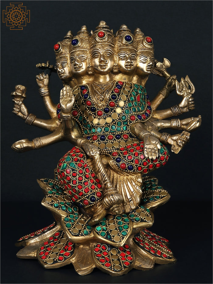 8'' Goddess Gayatri Seated On Lotus With Inlay Work | Brass