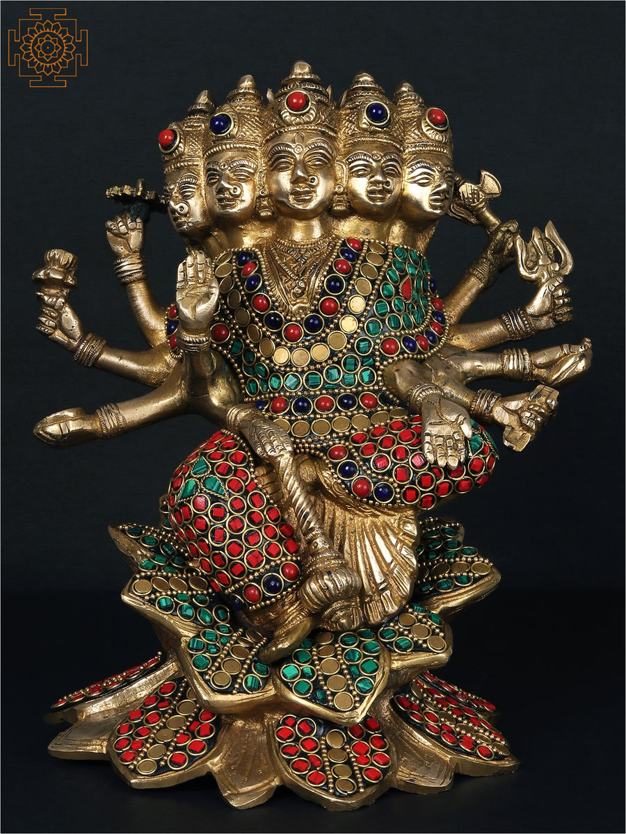 8" Goddess Gayatri Seated on Lotus Brass Statue with Inlay