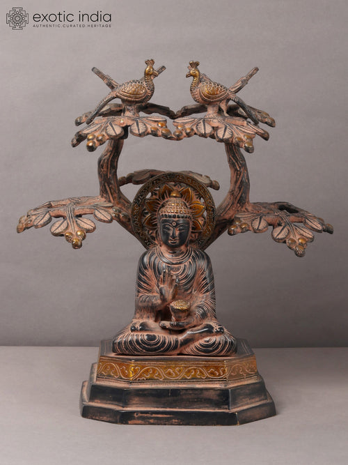 12" Brass Lord Buddha Seated Under Bodhi Tree Statue