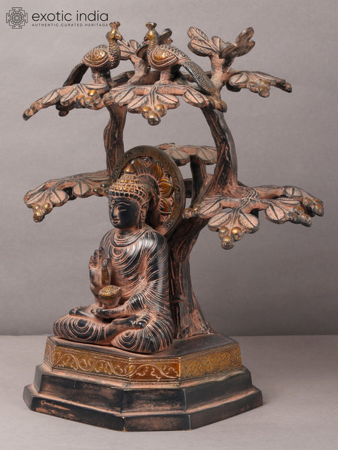 12" Brass Lord Buddha Seated Under The Bodhi Tree