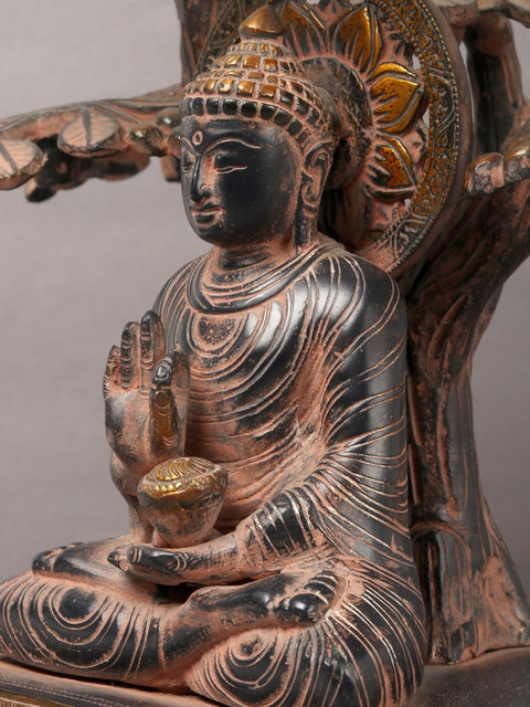 12" Brass Lord Buddha Seated Under The Bodhi Tree