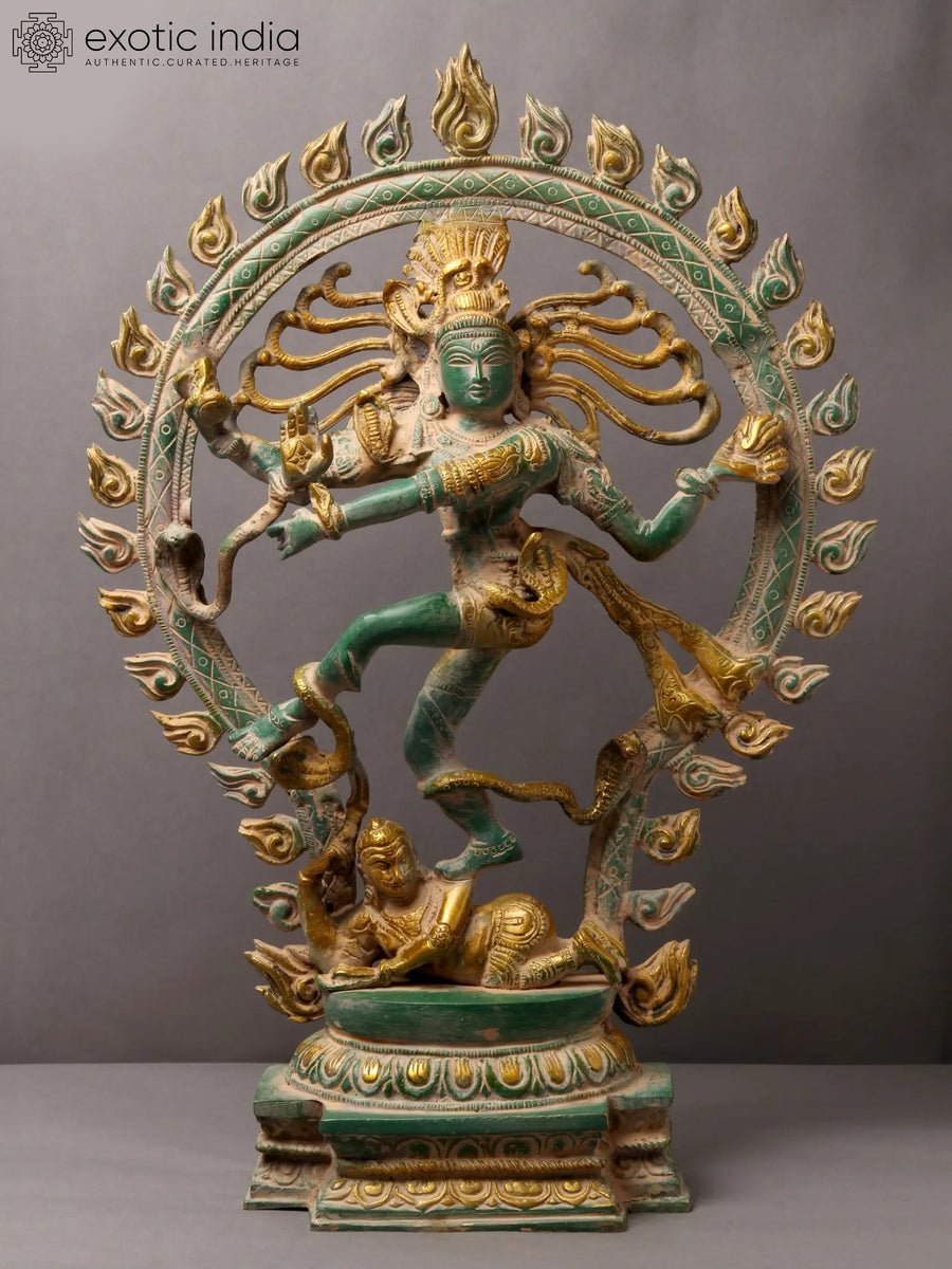 20" Green and Gold Nataraja Brass Statue for Home Decor