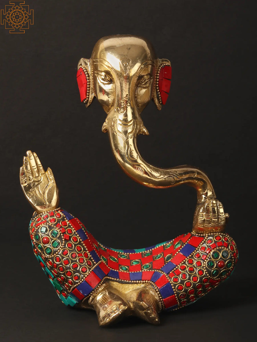 8" Handmade Blessing Ganesha Brass Statue With Inlay Work