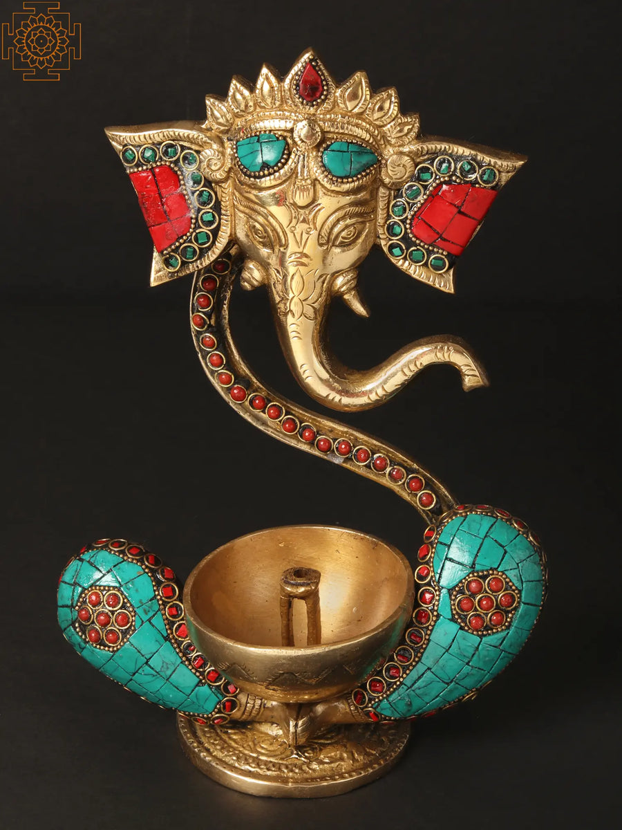 8" Handmade Ganesha Brass Lamp With Inlay Work