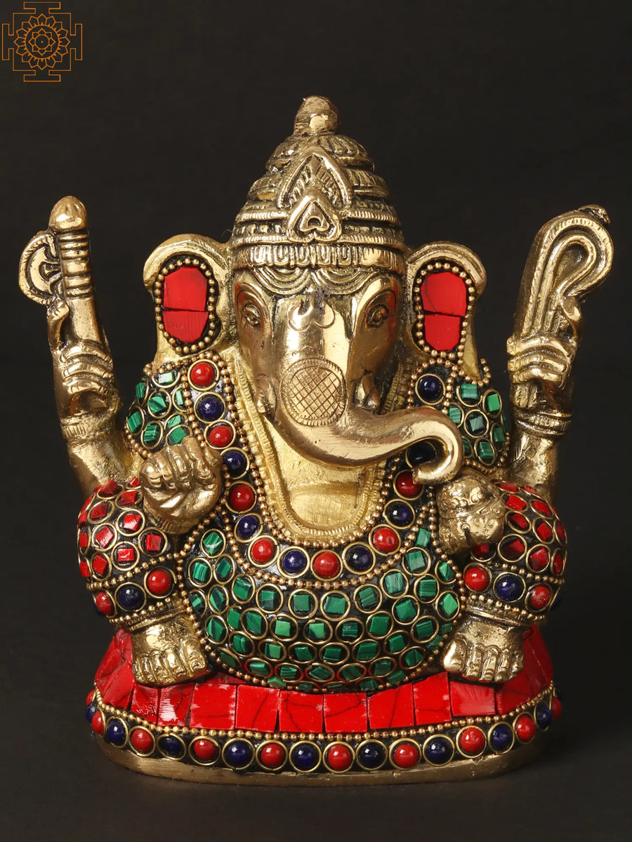 6" Lord Ganpati Handmade Brass Statue with Inlay Work
