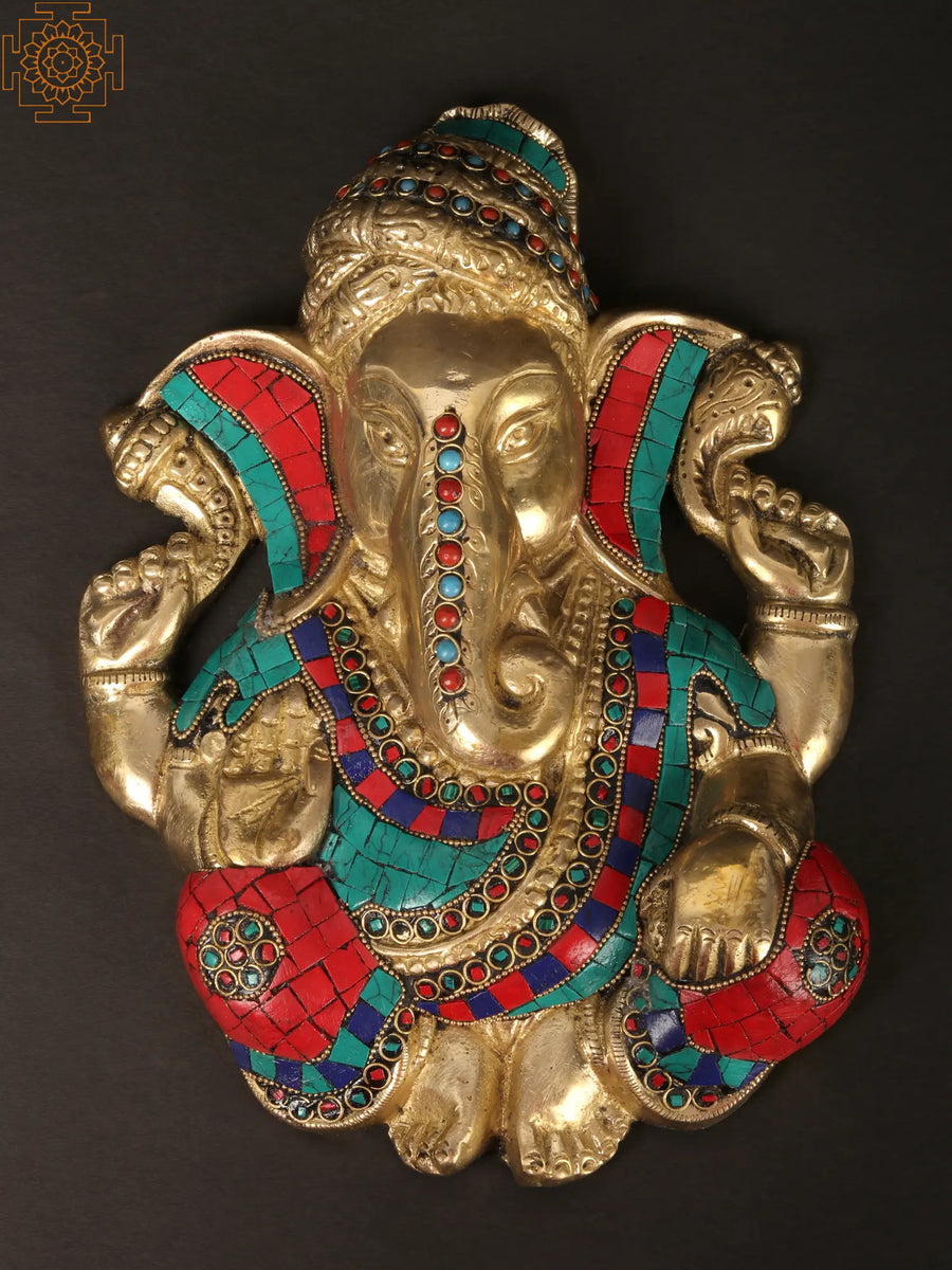 10" Blessing Ganesha Brass Wall Hanging with Inlay Work