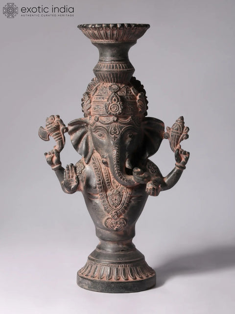 13" Chaturbhuja Lord Ganesha with Candle Stand in Brass